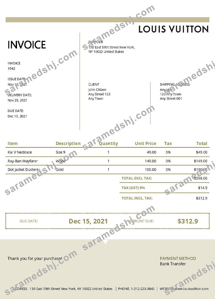 USA Louis Vuitton invoice template